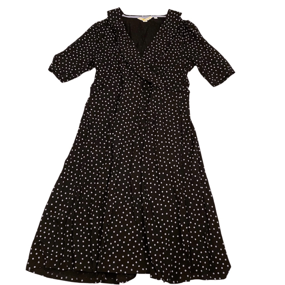 Boden Fixed Wrap Jersey Dress Black Scattered Blue Spot Polka Dot Size 8L